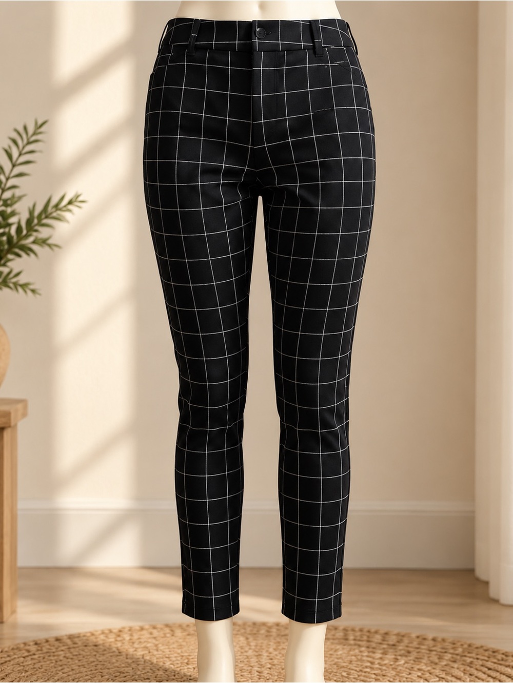 Old Navy Pixie Windowpane Plaid Ankle Pants Size 6 Black White Side Stripe